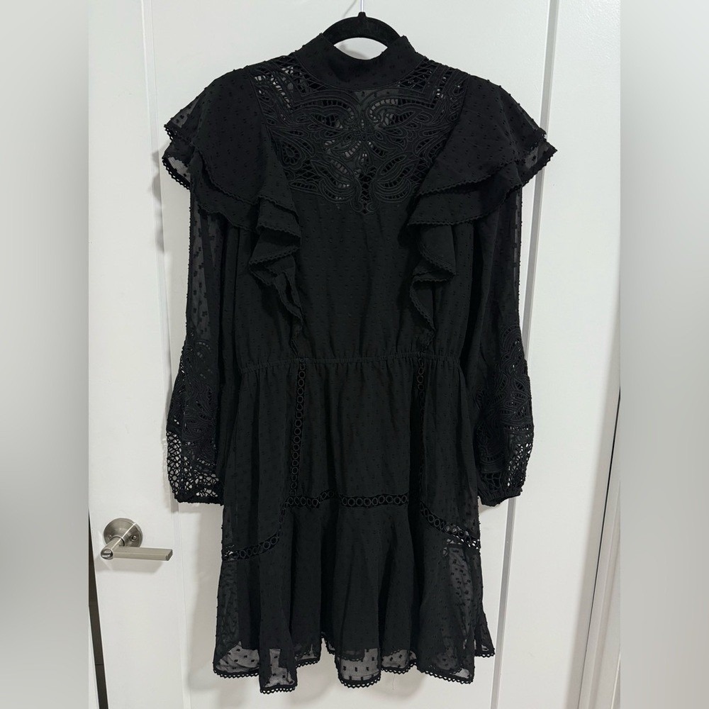 Karen Millen Black Lace Ruffle Mini Dress Long Sleeve Size US 6 / UK 10 Fall